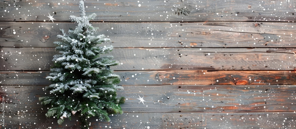 Poster festive christmas fir tree set on a wooden backdrop scattered with delicate snowflakes, perfect for 
