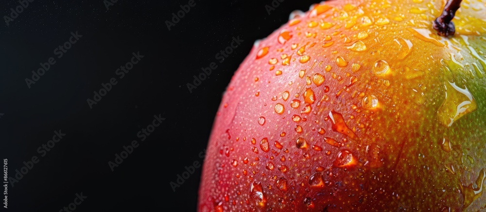 Poster close-up of a mango with water droplets against a black backdrop, offering ample copy space for a te