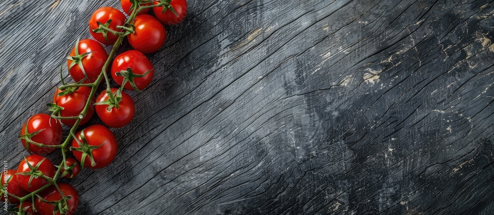Poster An aerial view of ripe red tomatoes on a branch against a dark gray wooden backdrop with oak texture, placed to the left side with ample copy space image.