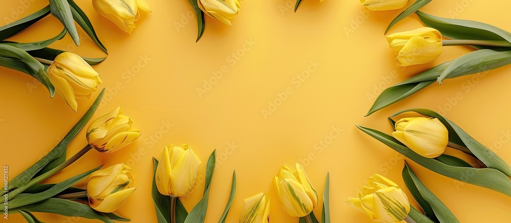 Poster Circular arrangement of yellow tulips with buds from an overhead view on a yellow background, creating a visually appealing copy space image.