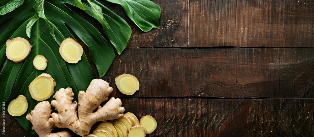 Aufkleber asian herb concept with fresh ginger root and slices placed on a green leaf backdrop on a wooden tab