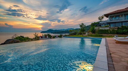 Fototapeta premium Tranquil beach resort nestled in a picturesque landscape, offering a serene summer escape.