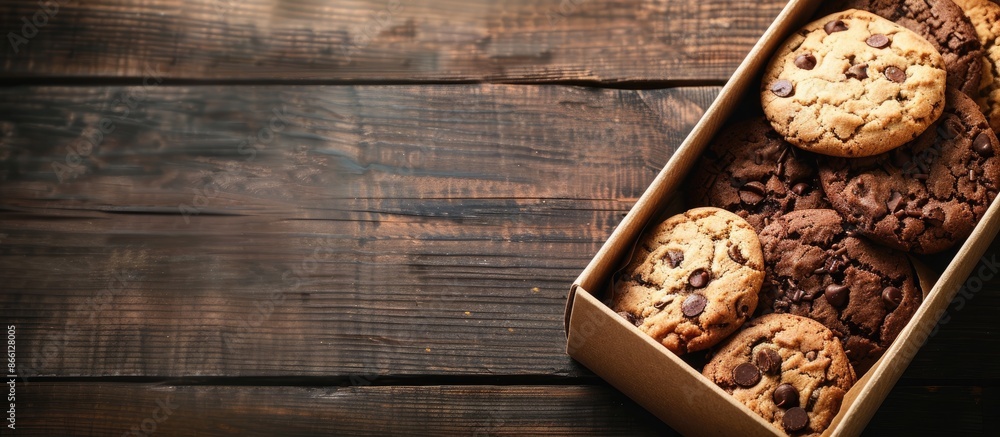 Poster Cookie bread displayed in a box on a wooden table, creating a charming scene with copy space image available.