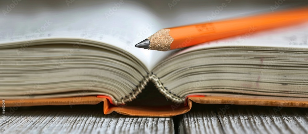 Poster an open book with an orange pencil on a textured wooden surface, depicting an educational concept wi