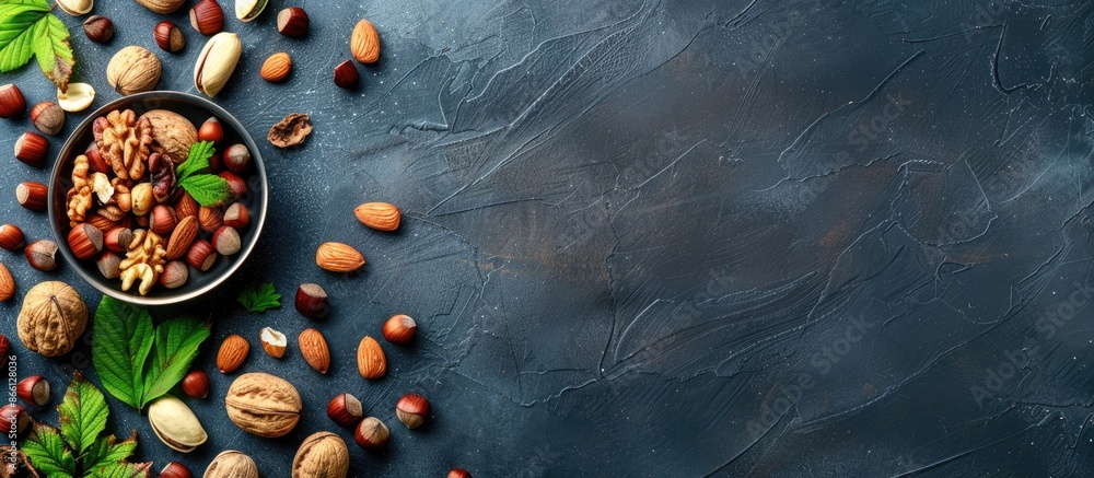 Aufkleber assorted nuts and hazelnuts arranged on a fresh background with copy space image.