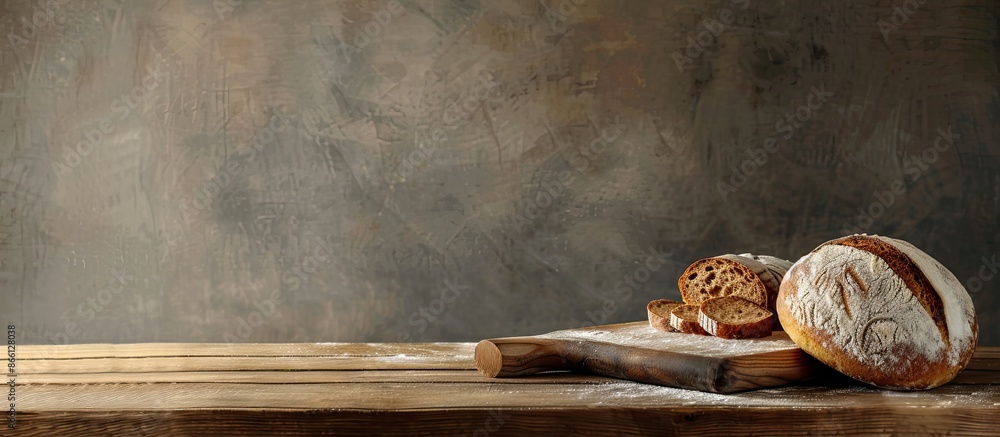 Poster Copy space image of table with freshly baked homemade bread and sliced bread, showcasing simple and traditional food from a side view.