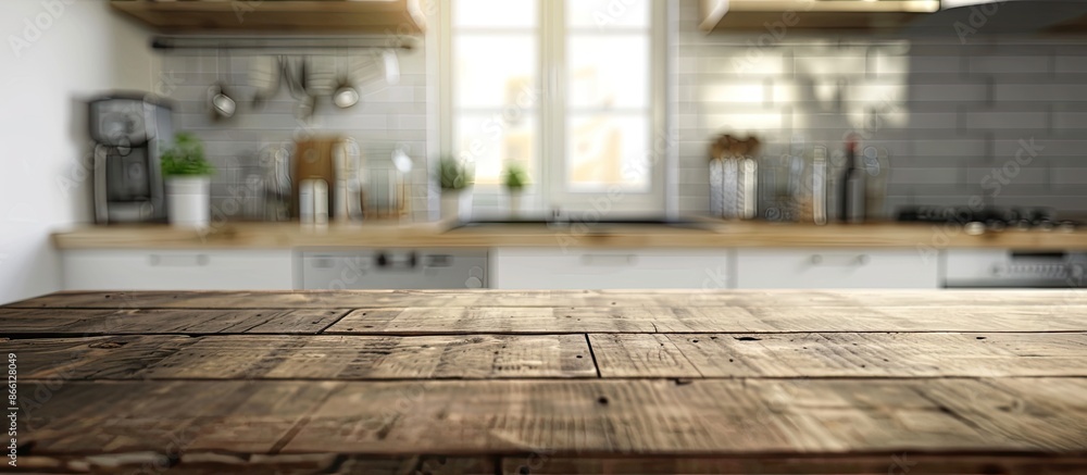 Poster Blurry kitchen background with a wooden table surface intended for product showcases or design visuals, suitable for adding copy space images.