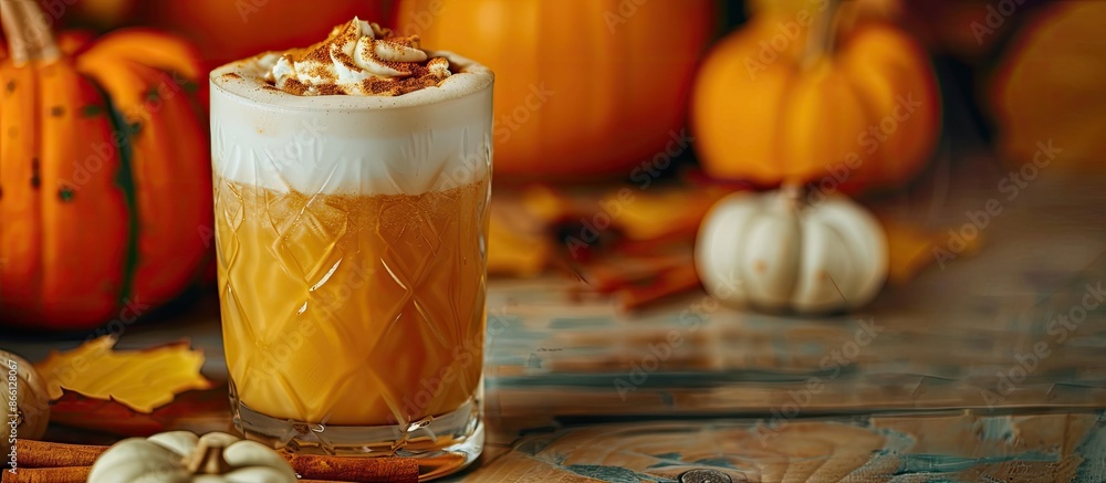 Poster close-up of a pumpkin spiced drink with foam and cinnamon garnish against a backdrop of pumpkins, pe