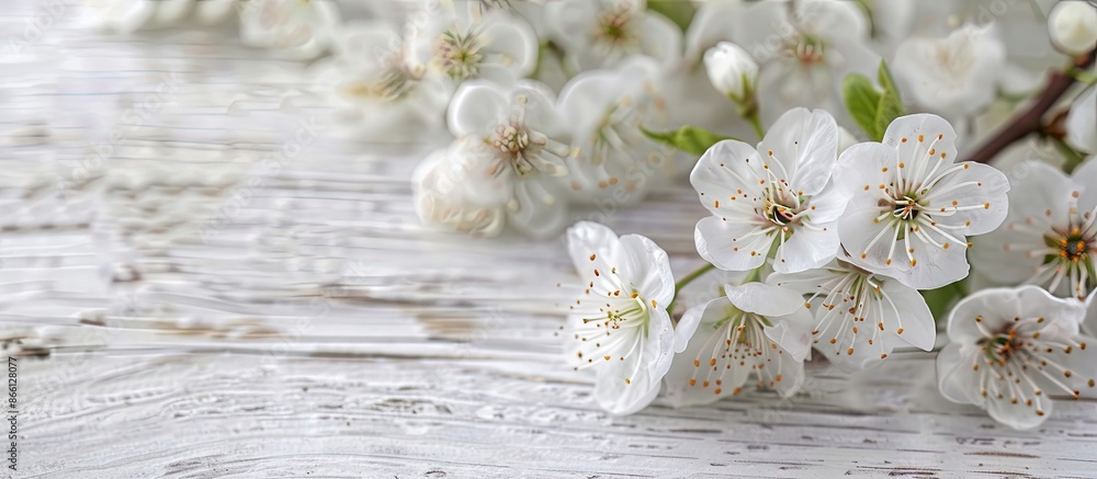 Aufkleber close-up view of white spring blossom on a white wooden surface with a copy space image, ideal for d
