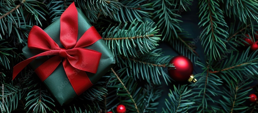 Poster festive christmas gift box with a red bow nestled in fir branches creates a xmas and new year compos