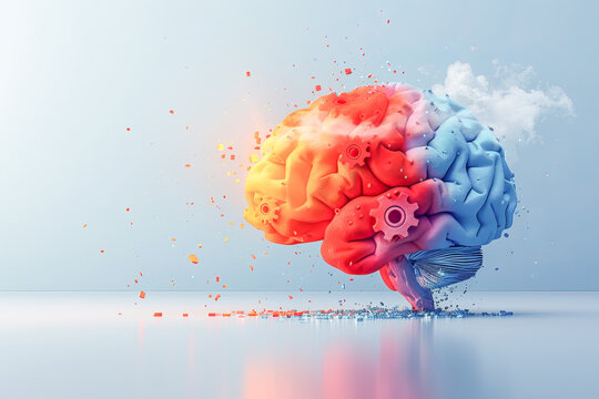 Human brain with gears exploding representing innovation and creativity