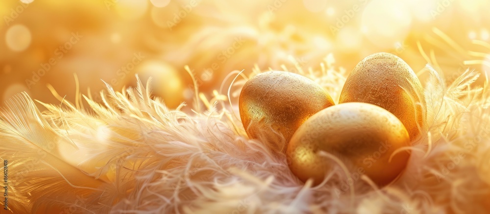 Poster easter scene with gleaming golden eggs nestled on fluffy feathers, offering a vibrant and cheerful c