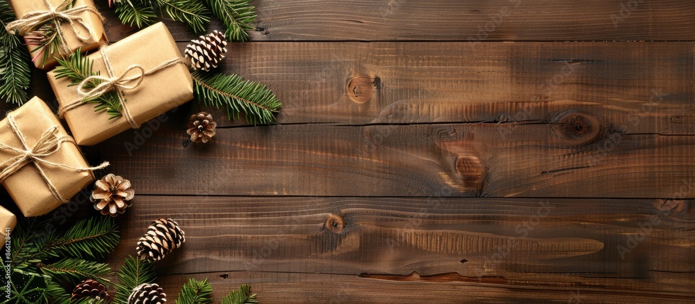 Aufkleber brown gift boxes adorned with fir branches and ribbons on a wooden backdrop. perfect for christmas o