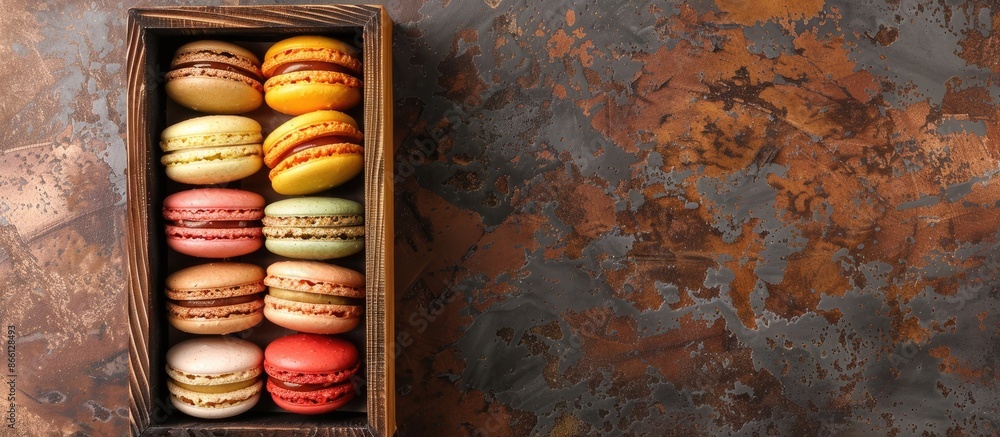 Poster colorful french macaroons in a wooden box displayed on a table for a restaurant, bakery menu, or rec