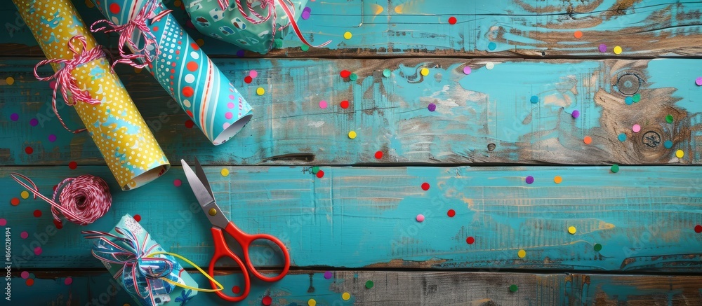 Aufkleber colorful wrapping papers and scissors displayed on a vintage wooden table with copy space image.