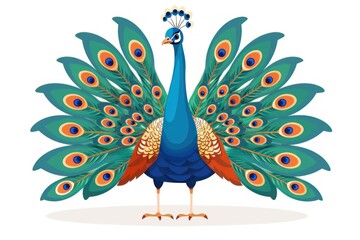 Majestic Cartoon Peacock Displaying Colorful Feather Array in Vector Style - Generative ai