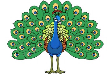 Majestic Cartoon Peacock Displaying Colorful Feather Array in Vector Style - Generative ai
