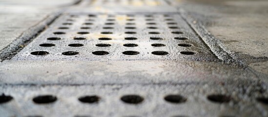 Close-up of uncovered drainage holes on outdoor concrete walkways, presenting a hazard in the background with copy space image.