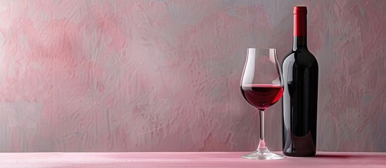 Elegant display of tasty red wine in a bottle and glass on a pink table with a grey background,...