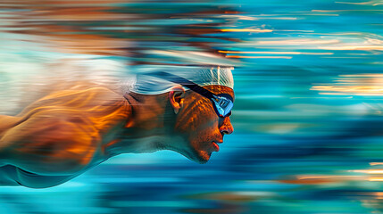 A close-up photo of a swimmer in the water, captured in motion with a blurred effect, highlighting the athletes speed and determination