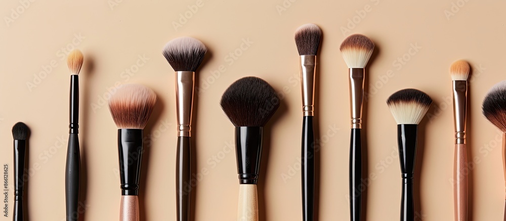 Poster close-up of a collection of high-quality makeup brushes displayed on a beige backdrop, providing roo