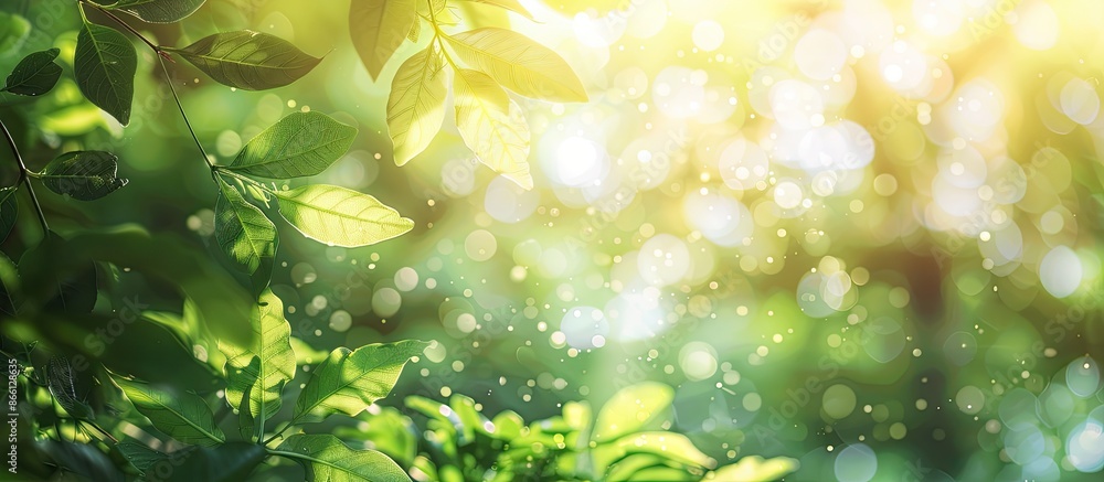 Poster Close-up of light green leaves and sunlight in a park, creating a beautiful nature-themed bokeh effect with a blurred background for a web banner or header with copy space image.