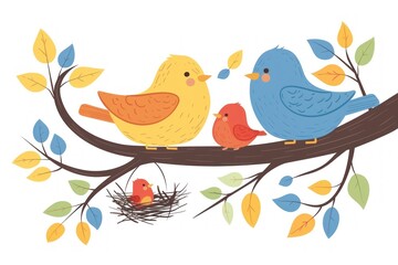 Fototapeta premium Colorful Cartoon Birds in a Nest, Representing Family and Togetherness - Generative ai