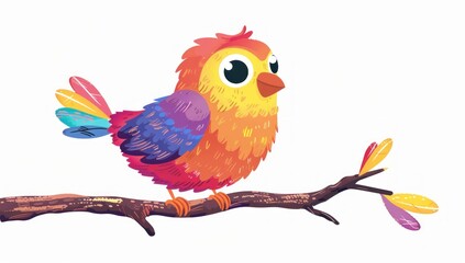 Cheerful Cartoon Bird Perched on a Branch Surrounded by Colorful Leaves - Generative ai
