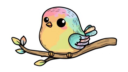 Fototapeta premium Cheerful Cartoon Bird Perched on a Branch Surrounded by Colorful Leaves - Generative ai
