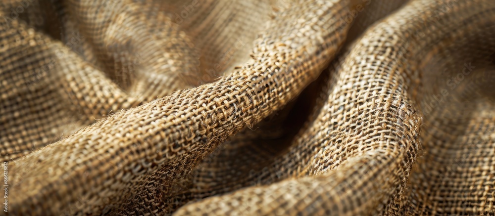 Poster close-up of woven cotton fabric with beige and brown flecks, against a textured burlap background, a