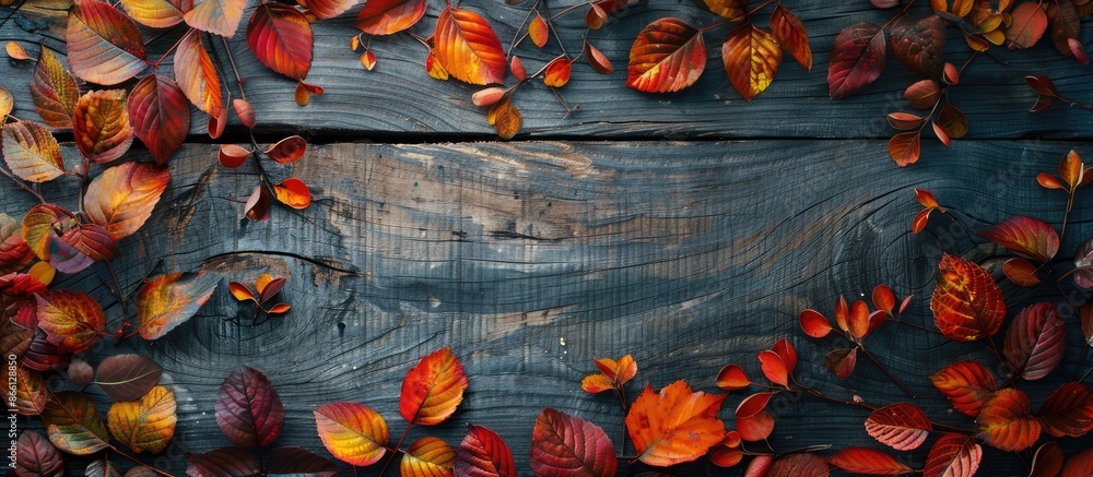 Poster copy space image of autumn foliage on a rustic wooden backdrop.