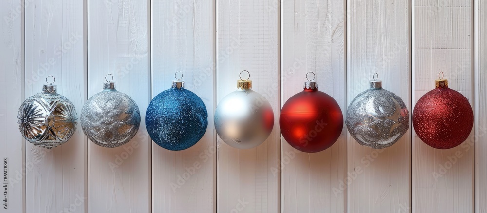 Poster Christmas balls of various designs surrounding an empty space on a white wooden backdrop create an appealing composition for potential copy space image.