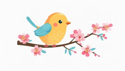 Joyful Cartoon Bird on a Branch Surrounded by Spring Leaves - Generative ai