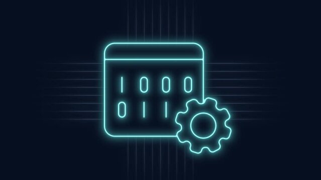 Binary system neon animation. Software engineering animated icon glow effect.Changing digits, rolling gear. Dynamic overlay on white background. HD video with alpha channel. Motion graphic