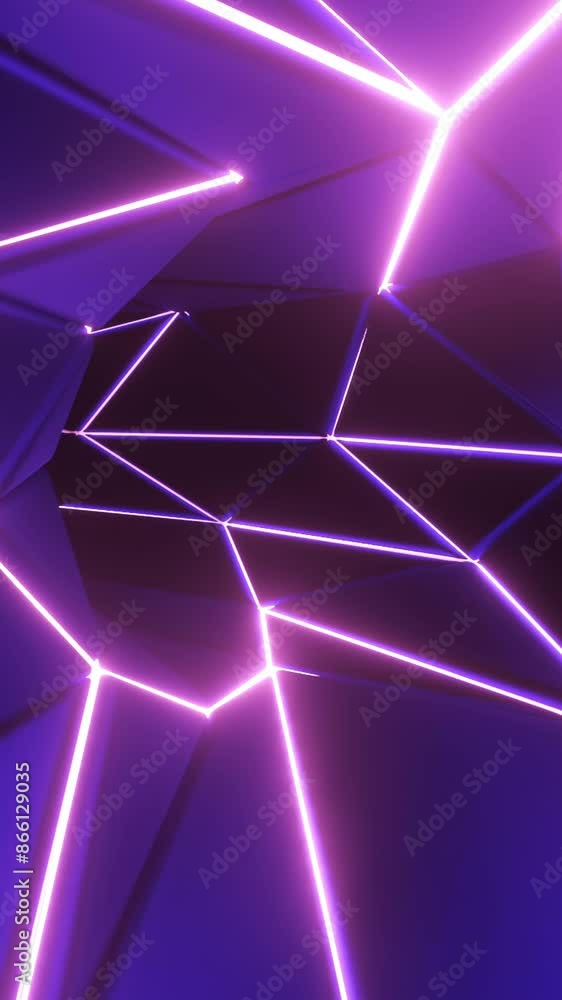 Poster curved tunnel with geometric walls. design. cybernetic spatial fracture with moving geometric elemen