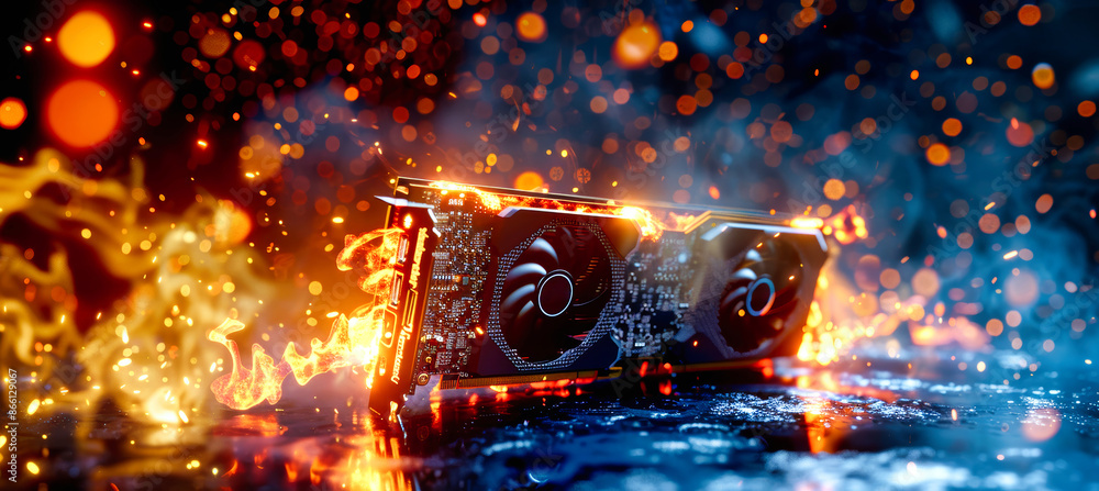 Poster a close-up shot of a graphics card engulfed in fiery sparks, showcasing its intense performance and 