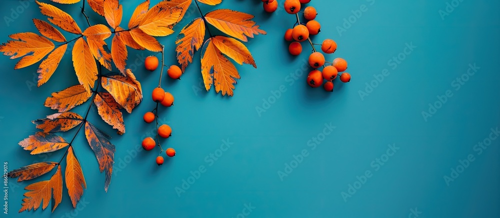 Poster autumn-themed card with vibrant rowan leaves set against a blue backdrop with copy space image.