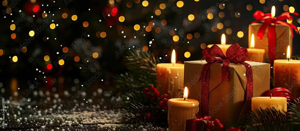 Poster Festive gift boxes with candles on a background perfect for adding text on copy space image.