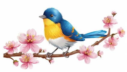 Fototapeta premium Cheerful Yellow Bird Perched on Blossoming Pink Branch, Embodying Spring's Beauty - Generative ai