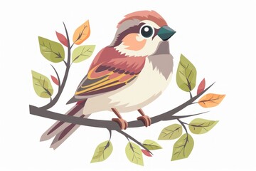 Vibrant Cartoon Bird Perched on Blossomed Branch - A Cheerful Encounter in Nature - Generative ai