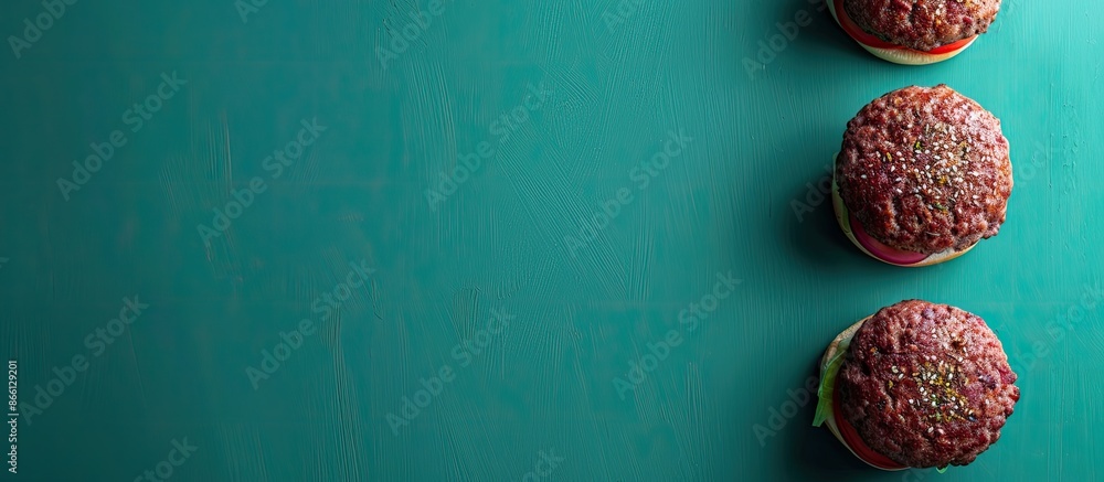 Poster burger patty on a green backdrop with copy space image.