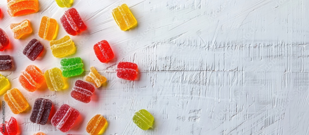 Poster Colorful jelly candies arranged attractively on a white table in a top-down view, offering empty space for including text in the image. image with copy space