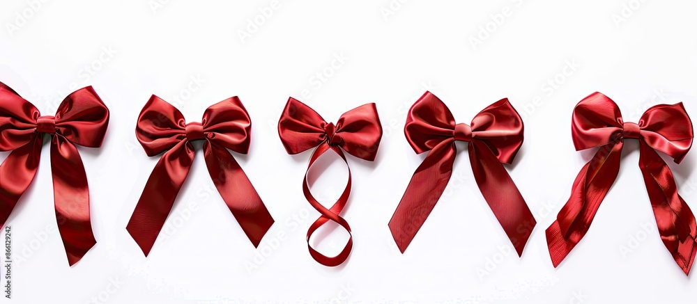 Poster Collection of elegant red satin bows with ribbons on a white backdrop, suitable for use as a copy space image.