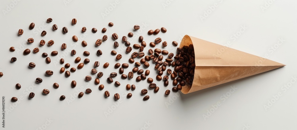 Aufkleber Displaying espresso coffee and beans creatively arranged on a paper cone cornucopia with a white background, featuring ample copy space image.