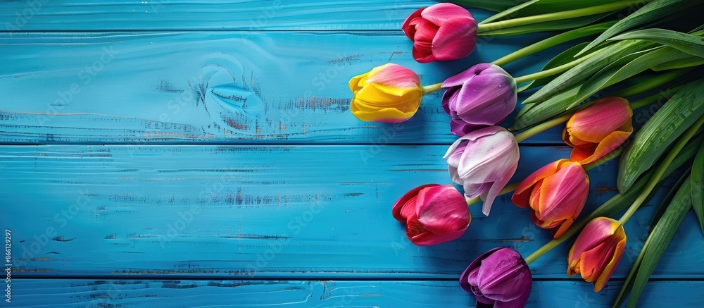 Poster close-up view of a vibrant bouquet of multicolored tulips on blue wooden boards with copy space imag