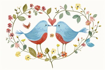 Two Cartoon Birds in Love Among Blossoming Branches - A Symbol of Romance and Unity - Generative ai
