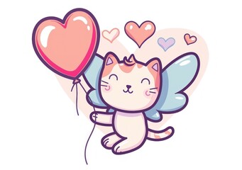 Whimsical Cat Cupid with Heart Balloon in Dreamy Pastel Tones - Perfect for Valentine's Day - Generative ai