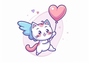 Whimsical Cat Cupid with Heart Balloon in Dreamy Pastel Tones - Perfect for Valentine's Day - Generative ai