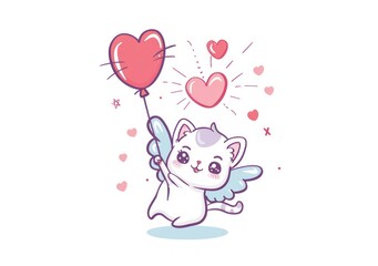 Whimsical Cat Cupid with Heart Balloon in Dreamy Pastel Tones - Perfect for Valentine's Day - Generative ai
