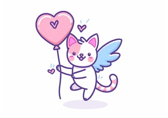 Obraz premium Whimsical Cat Cupid with Heart Balloon in Dreamy Pastel Tones - Perfect for Valentine's Day - Generative ai